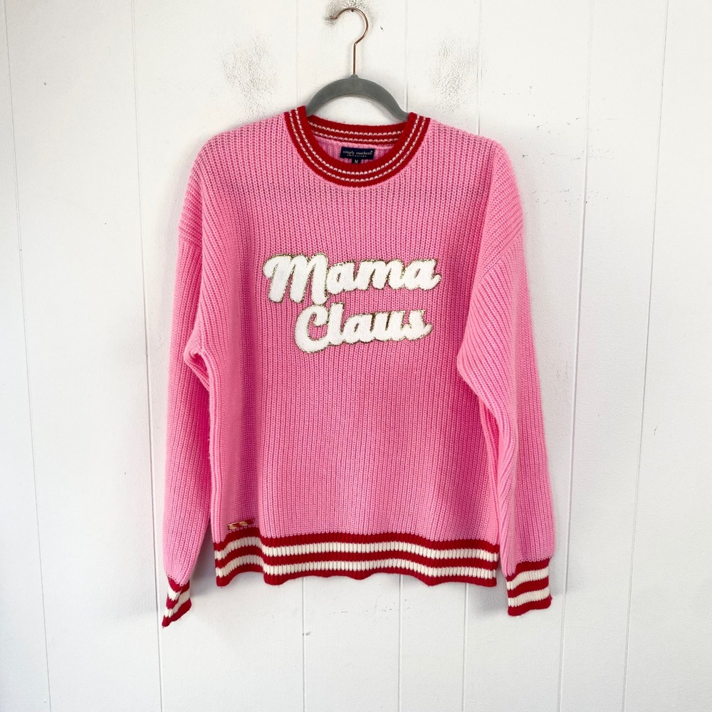 Simply Southern Mama Claus Pink Knit Christmas Sweater Chenille Patch Medium